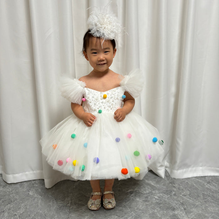 White Girl Dresses with Hairband for Baby Wedding Birthday Party J032