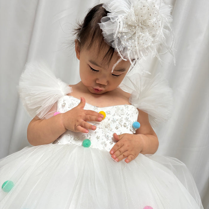 White Girl Dresses with Hairband for Baby Wedding Birthday Party J032