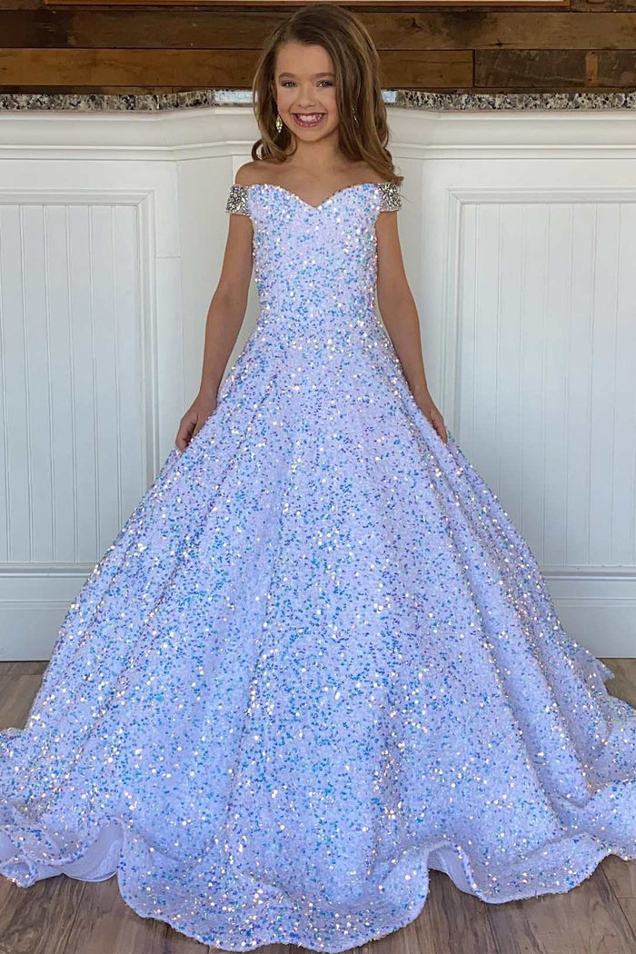 White Iridescent Sequin Beaded Off-the-Shoulder A-Line Girl Pageant Dress