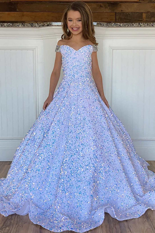 White Iridescent Sequin Beaded Off-the-Shoulder A-Line Girl Pageant Dress