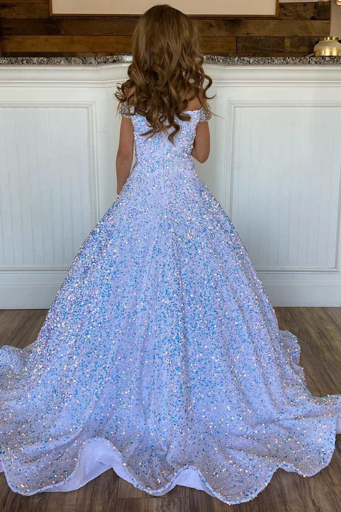 White Iridescent Sequin Beaded Off-the-Shoulder A-Line Girl Pageant Dress