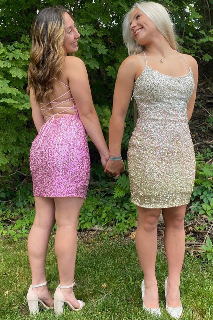 White Iridescent Sequins Lace-Up Mini Homecoming Dress