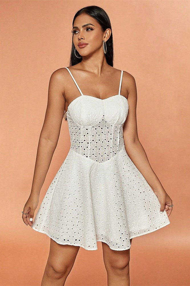 White Lace A-Line Mini Dress with Spaghetti Straps