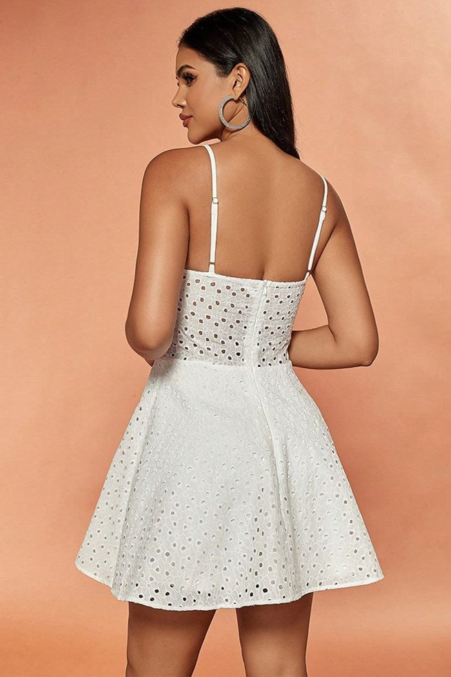 White Lace A-Line Mini Dress with Spaghetti Straps