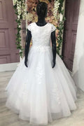 White Lace Appliqués A-Line Flower Girl Dress