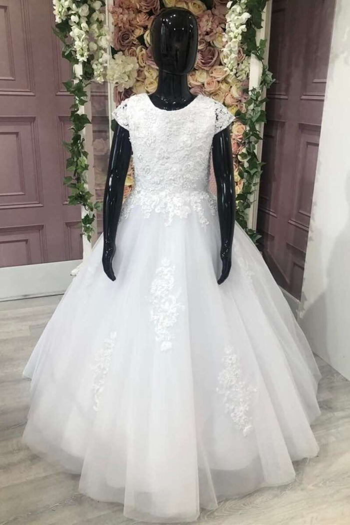 White Lace Appliqués A-Line Flower Girl Dress