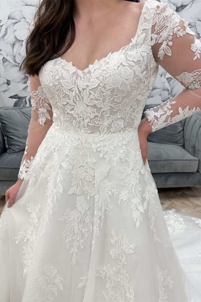White Lace Tulle Queen Anne Neck Long Sleeve Bridal Gown