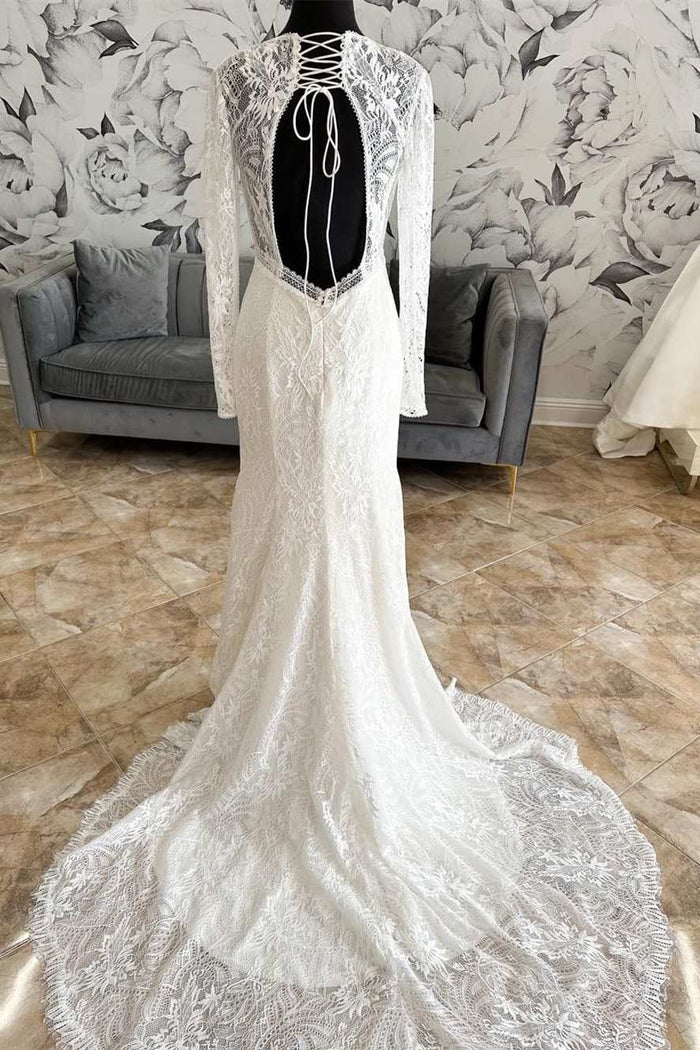 White Lace V-Neck Lace-Up Back Long Sleeve Mermaid Wedding Dress