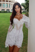 White Long Sleeves Sweetheart Tight Lace Mini Dress