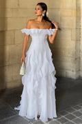 White Off-Shoulder A-Line Empire-Waist Scoop Neck Ruffles Long Prom Dress