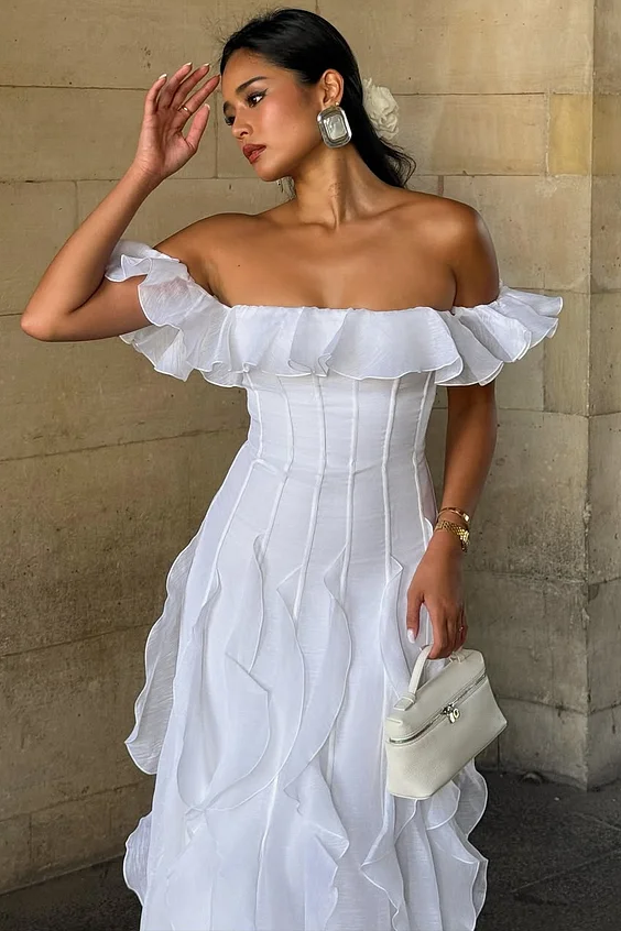 White Off-Shoulder A-Line Empire-Waist Scoop Neck Ruffles Long Prom Dress