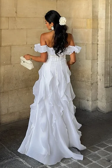 White Off-Shoulder A-Line Empire-Waist Scoop Neck Ruffles Long Prom Dress