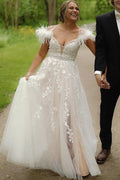 White Off-Shoulder V-Neck Lace Appliques A-Line Prom Dress with Feathers