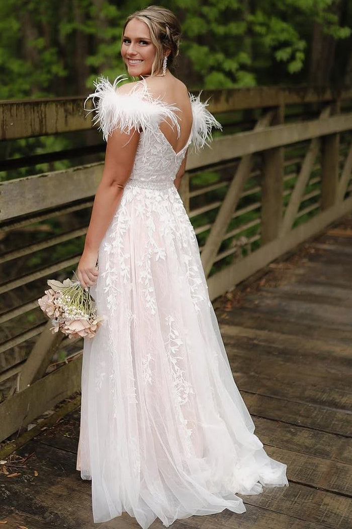 White Off-Shoulder V-Neck Lace Appliques A-Line Prom Dress with Feathers