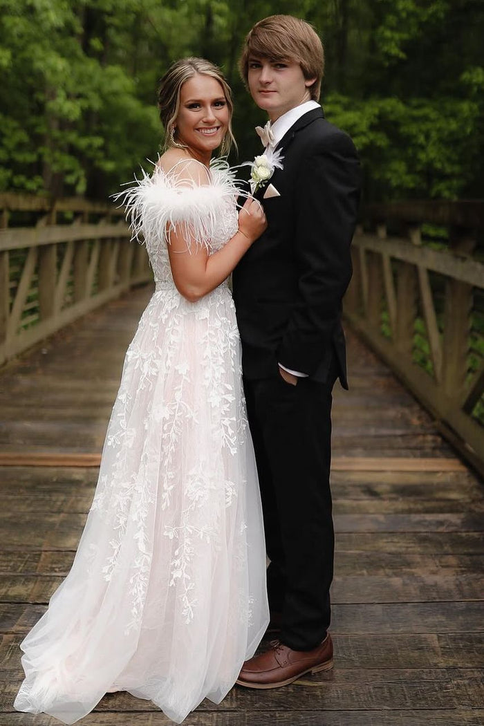 White Off-Shoulder V-Neck Lace Appliques A-Line Prom Dress with Feathers