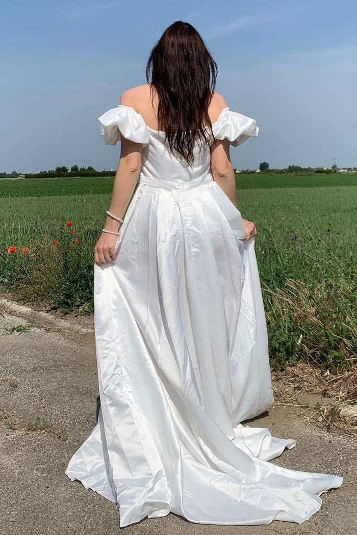 White Off-the-Shoulder Puff Sleeve A-Line Long Wedding Gown