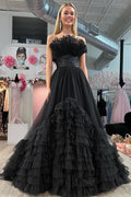 White Organza Strapless Belted A-Line Tiered Prom Dress with Ruffles