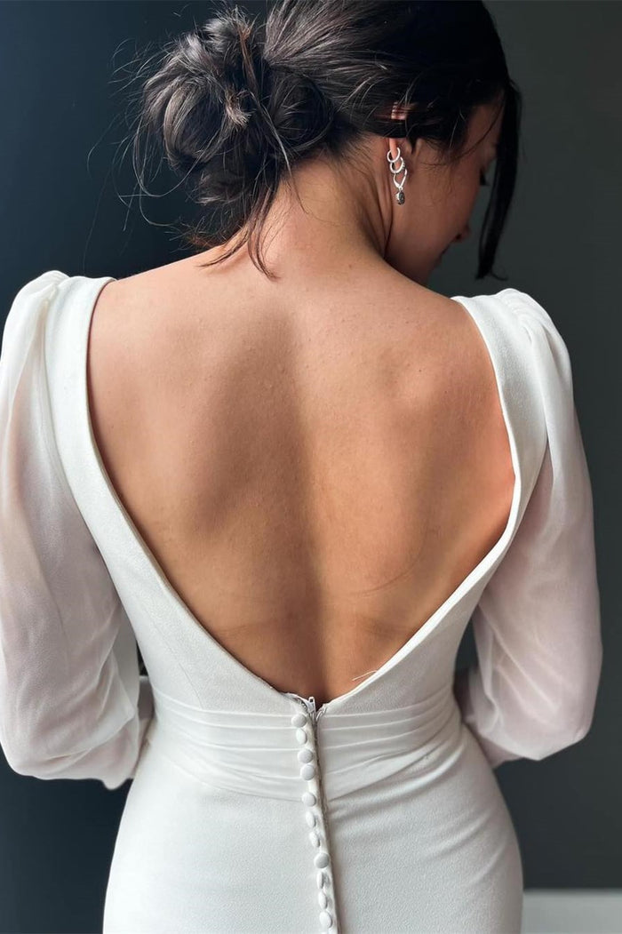 back of White Plunge V Backless Mermaid Long Wedding Dress