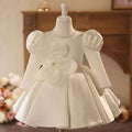 White Satin Baby Girl Dress 3D Flowers First Communion Gown J496