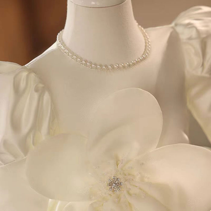 White Satin Baby Girl Dress 3D Flowers First Communion Gown J496