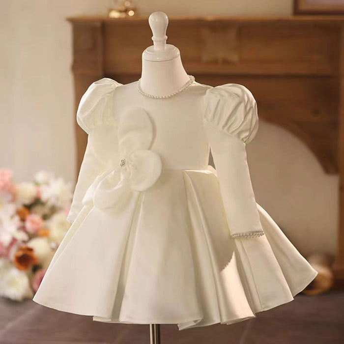 White Satin Baby Girl Dress 3D Flowers First Communion Gown J496