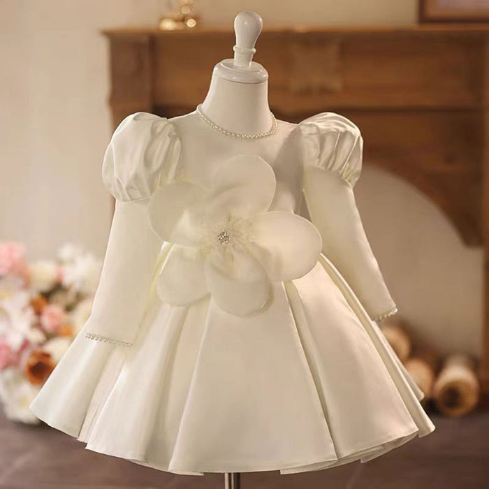 White Satin Baby Girl Dress 3D Flowers First Communion Gown J496