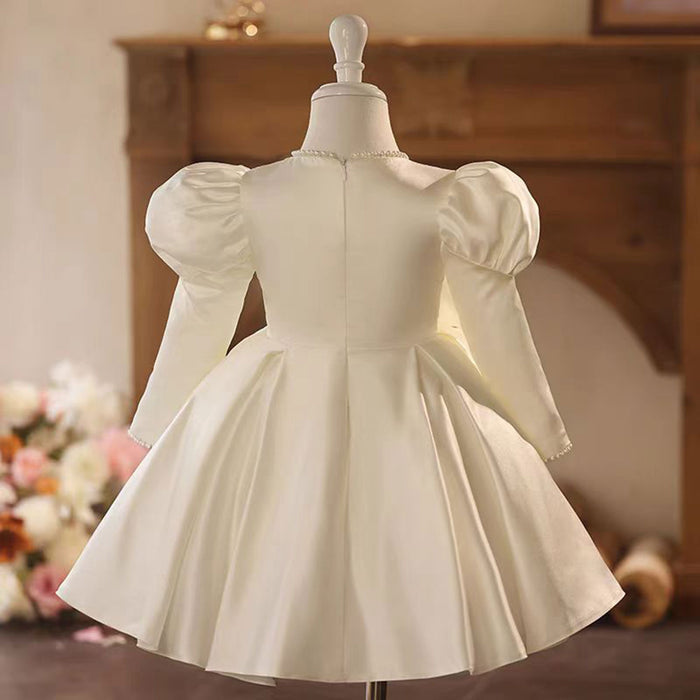 White Satin Baby Girl Dress 3D Flowers First Communion Gown J496