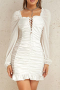 White Square Neck Lace-Up Ruffle Mini Dress