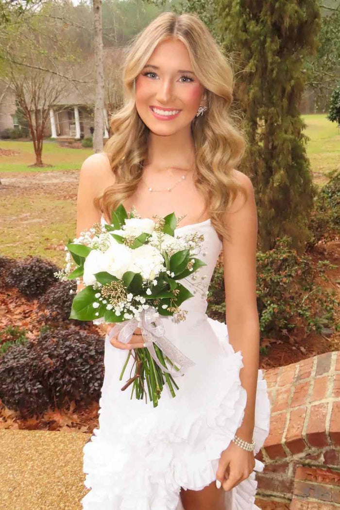 White Strapless Scoop Neck Ruffles Sleeveless High Slit Long Prom Dress