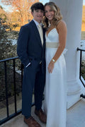 White Straps Beads V-Neck Sleeveless Fitted Long Prom Dress with Bow