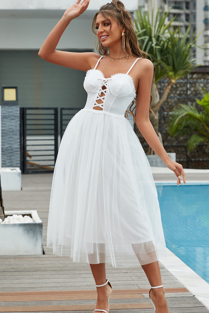 White Straps Lace-Up A-Line Cocktail Dress