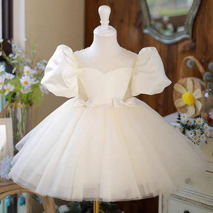 White Tulle Baby Girl Dress With Bow Short Sleeves Ball Gown J477