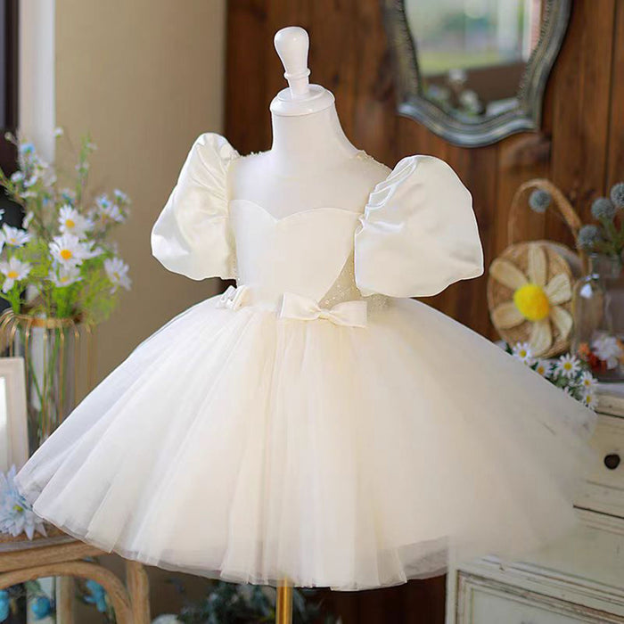 White Tulle Baby Girl Dress With Bow Short Sleeves Ball Gown J477