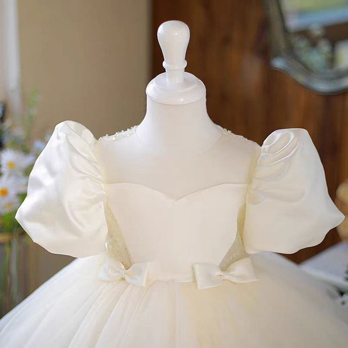 White Tulle Baby Girl Dress With Bow Short Sleeves Ball Gown J477