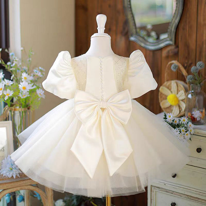 White Tulle Baby Girl Dress With Bow Short Sleeves Ball Gown J477