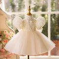 White Tulle Flower Girl Dress With Bow Short Sleeves Elegance J491