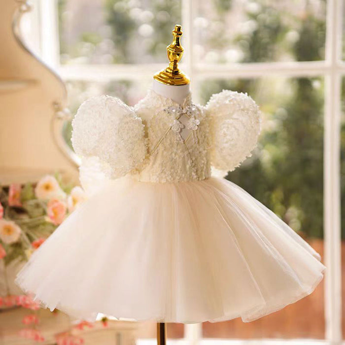 White Tulle Flower Girl Dress With Bow Short Sleeves Elegance J491