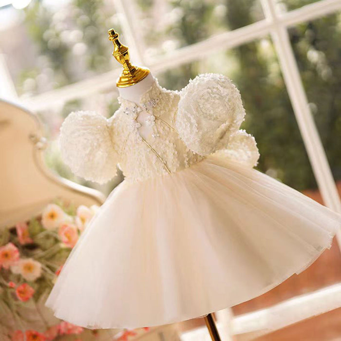 White Tulle Flower Girl Dress With Bow Short Sleeves Elegance J491