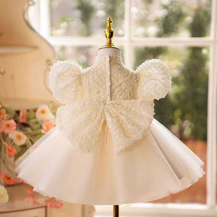 White Tulle Flower Girl Dress With Bow Short Sleeves Elegance J491