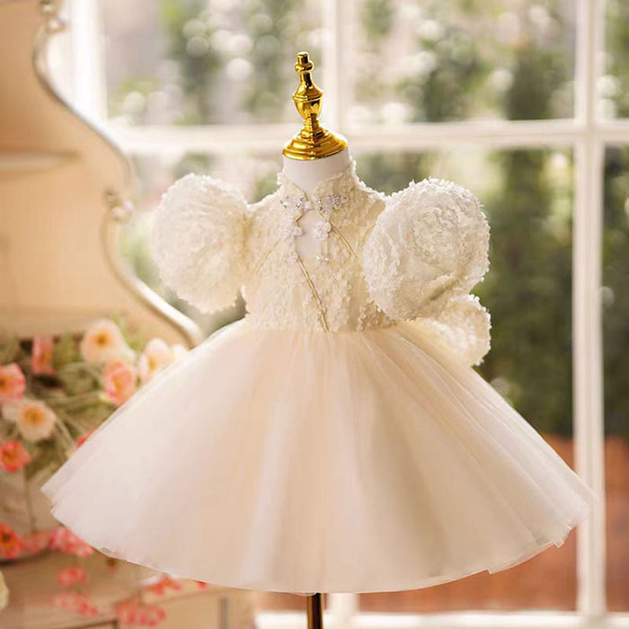 White Tulle Flower Girl Dress With Bow Short Sleeves Elegance J491
