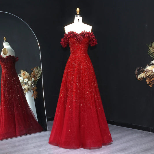 Wine Red Formal Evening Dress with 3D Flowers Beaded Details SS491