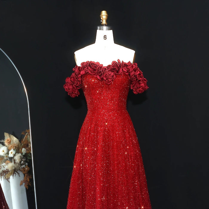 Wine Red Formal Evening Dress with 3D Flowers Beaded Details SS491