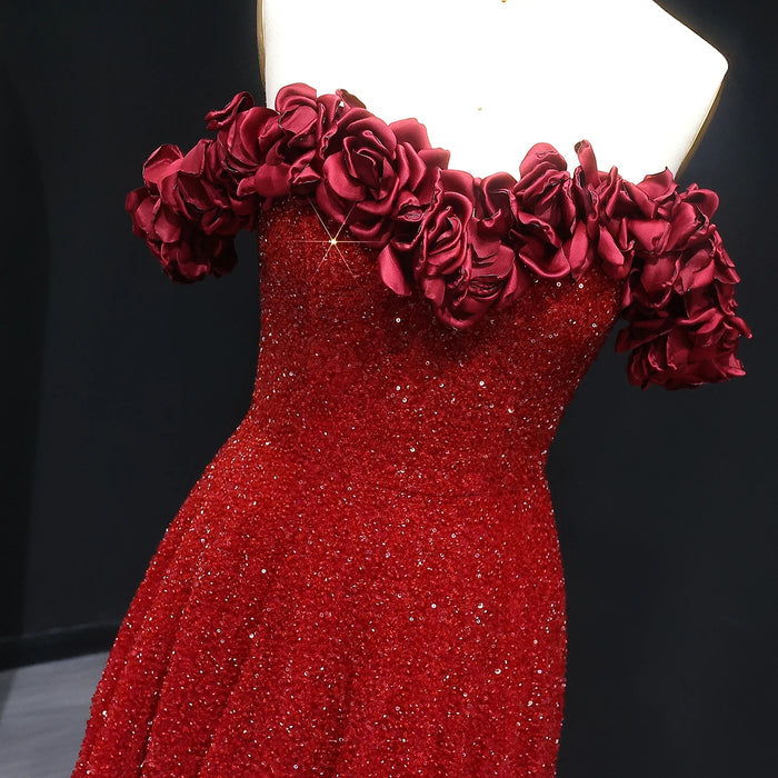 Wine Red Formal Evening Dress with 3D Flowers Beaded Details SS491