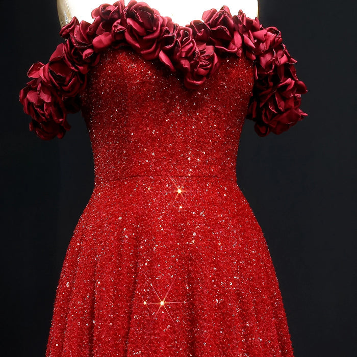 Wine Red Formal Evening Dress with 3D Flowers Beaded Details SS491