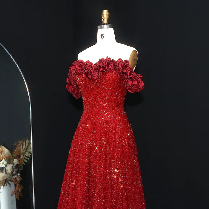 Wine Red Formal Evening Dress with 3D Flowers Beaded Details SS491
