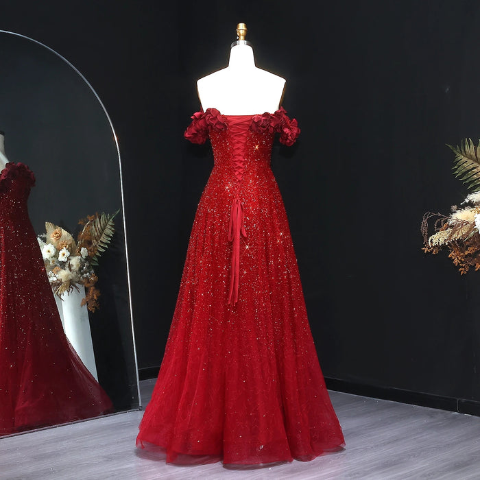 Wine Red Formal Evening Dress with 3D Flowers Beaded Details SS491