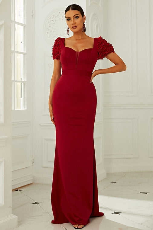 Wine Red Queen Anne Puff Sleeve Long Formal Dress