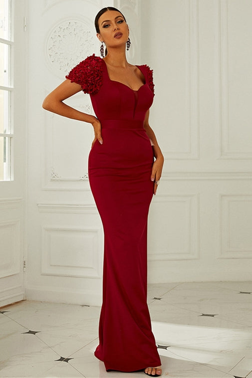 Wine Red Queen Anne Puff Sleeve Long Formal Dress