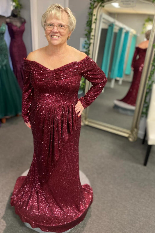 Wine Red Sequin Off-the-Shoulder Ruffle Mother's Gown