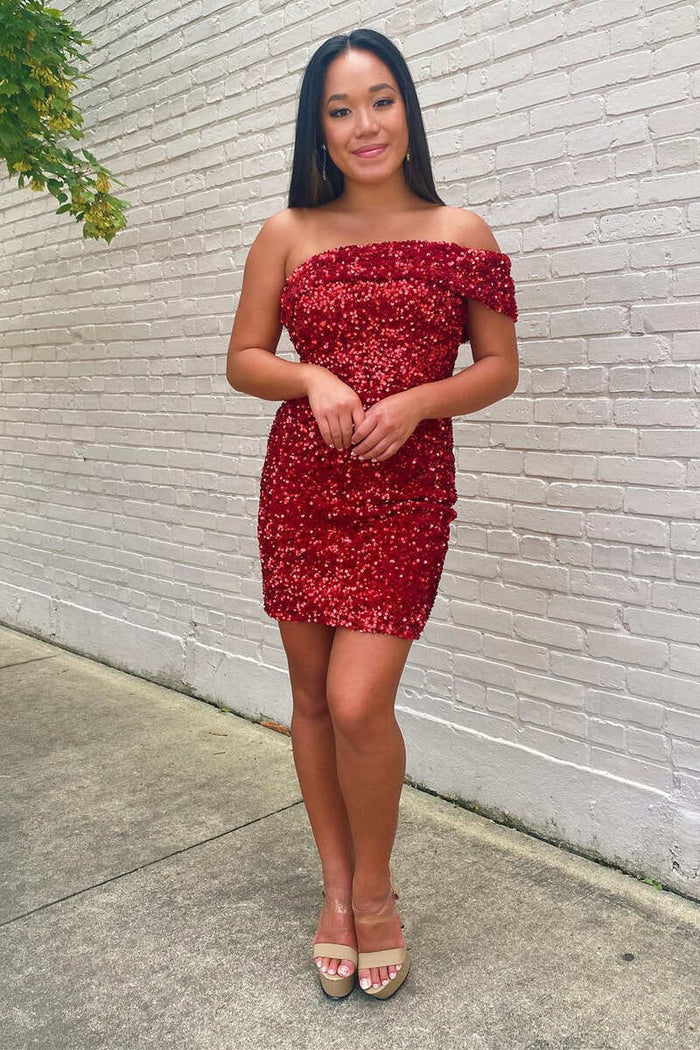 Wine Red Sequin One-Shoulder Short Homecoming Dress